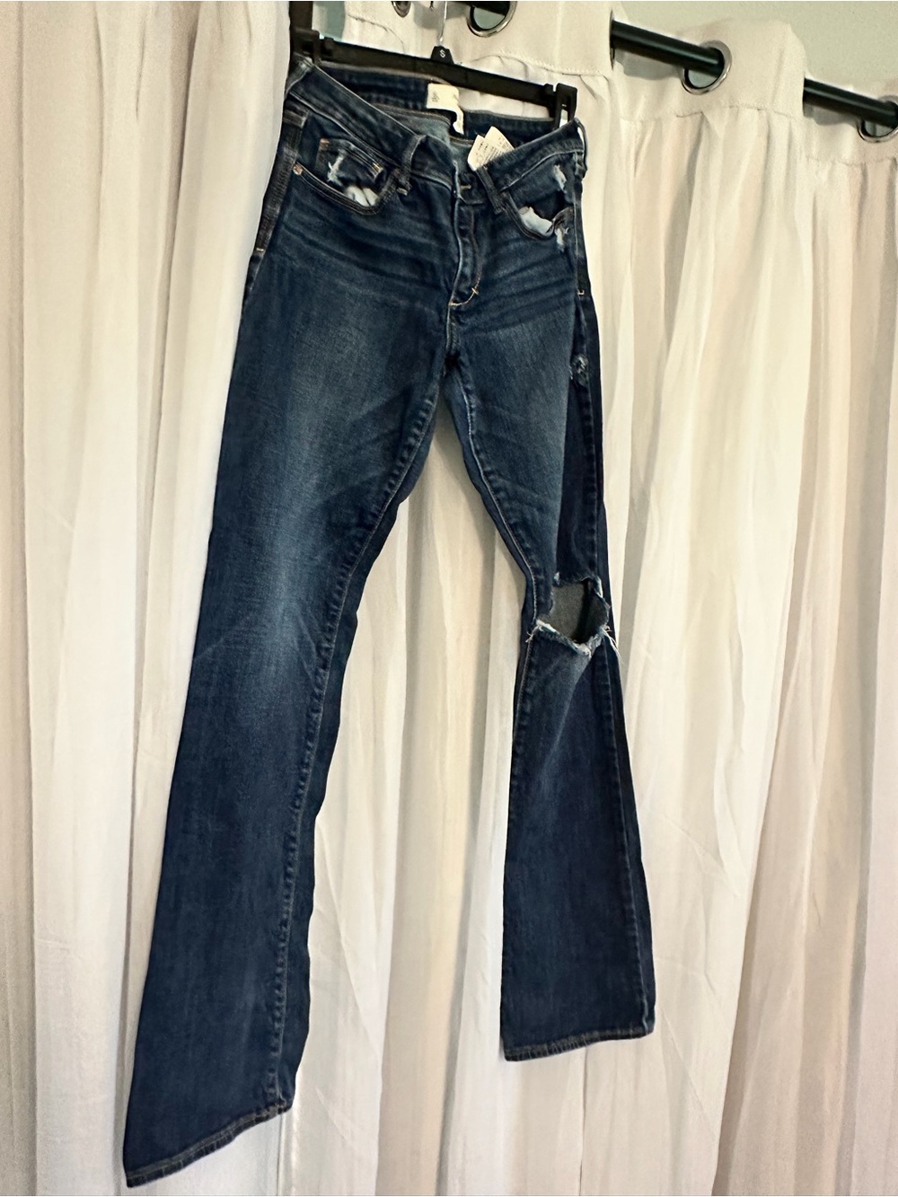 Abercrombie & Fitch Dark Blue Flare Jeans with Knee Distress - Picture 2 of 7